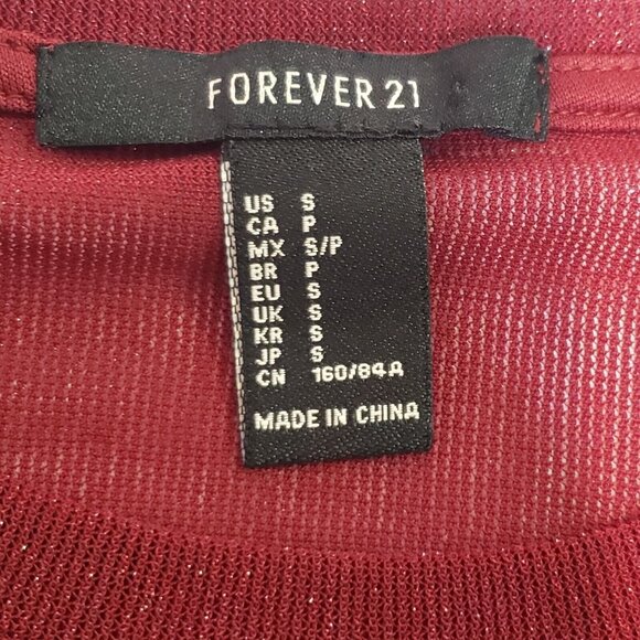 FOREVER 21 Women’s Size Small Mesh Crop Top Red Wine & Gold Shimmer Long Sleeve - Picture 2 of 16